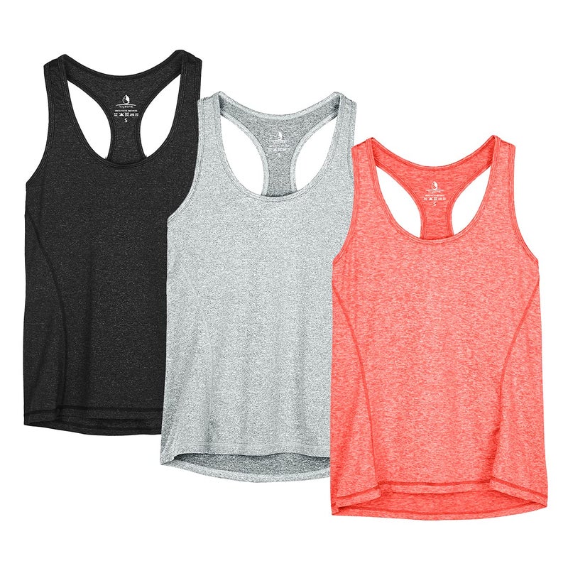 icyzone Workout Tank Tops for Women - Racerback Athletic Yoga Tops, Running Exercise Gym Shirts(Pack of 3)(L, Black/Granite/Orange) - Image 1